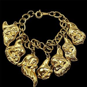 Vintage Snow White 7 Seven Dwarfs Charm Bracelet Gold Tone Sleepy Dopey Doc 6-8"